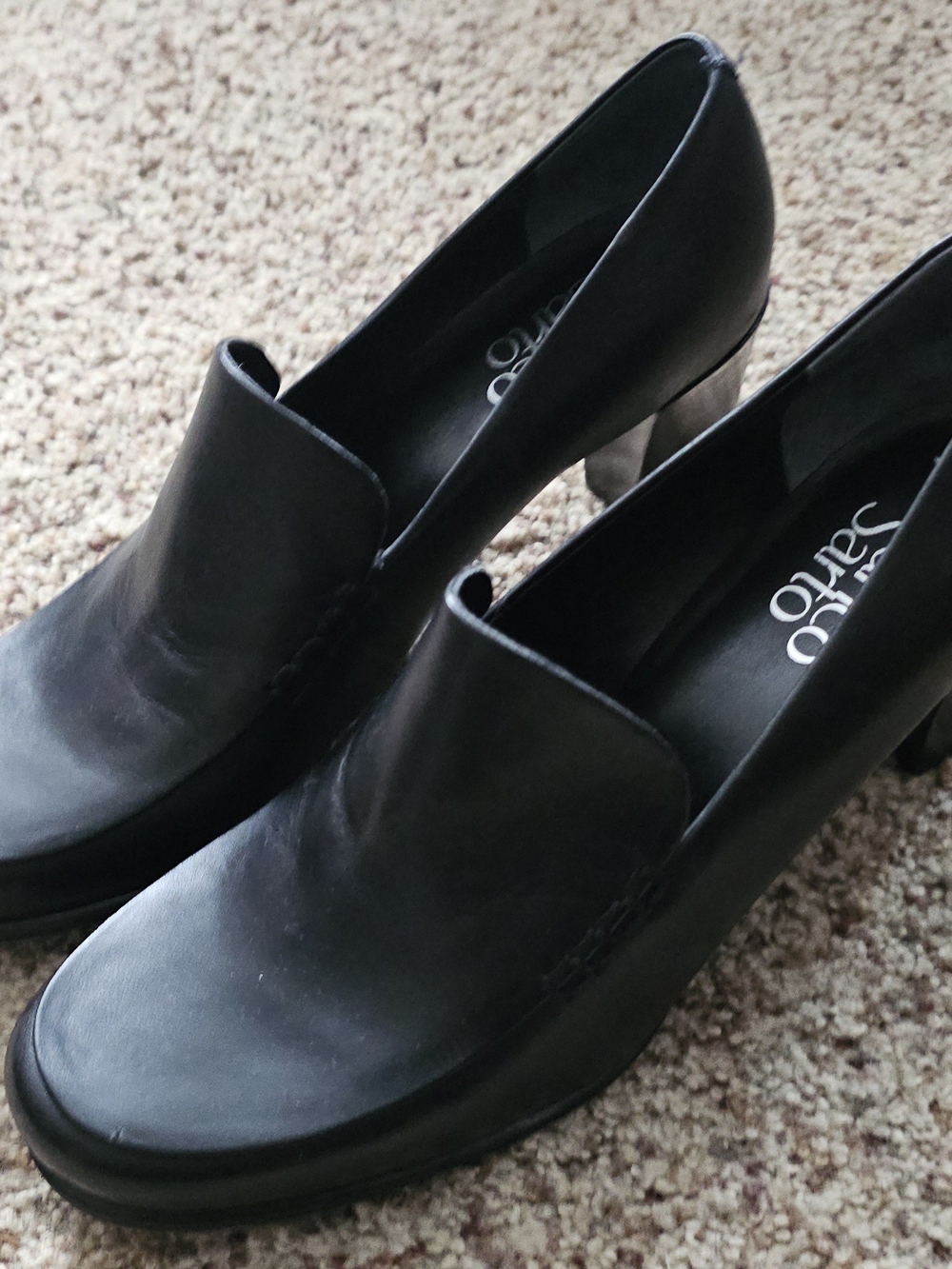 Franco Sarto Black Leather Block 2.5" Heel Slip-Ons